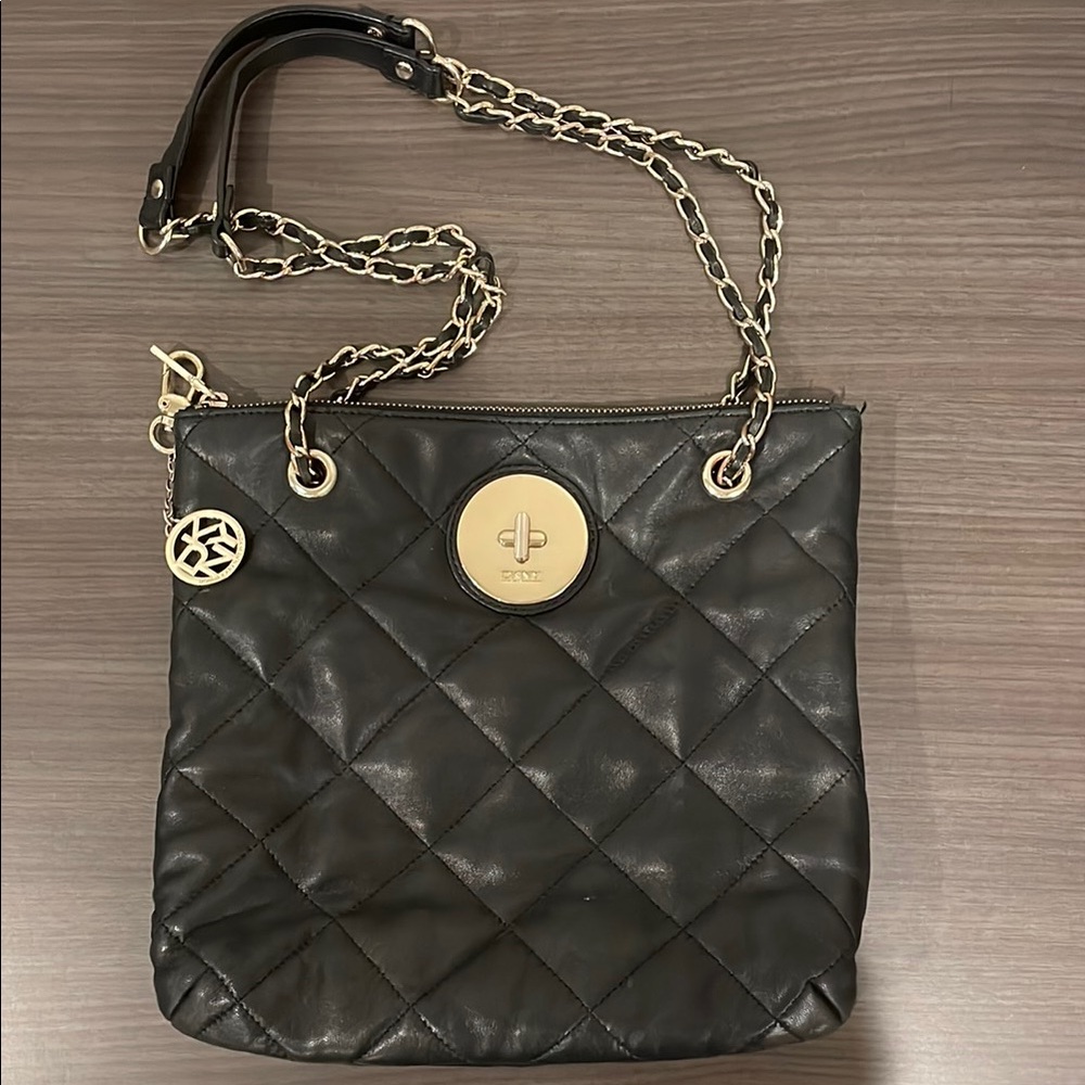 DKNY Black and Gold Quilted Shoulder Bag